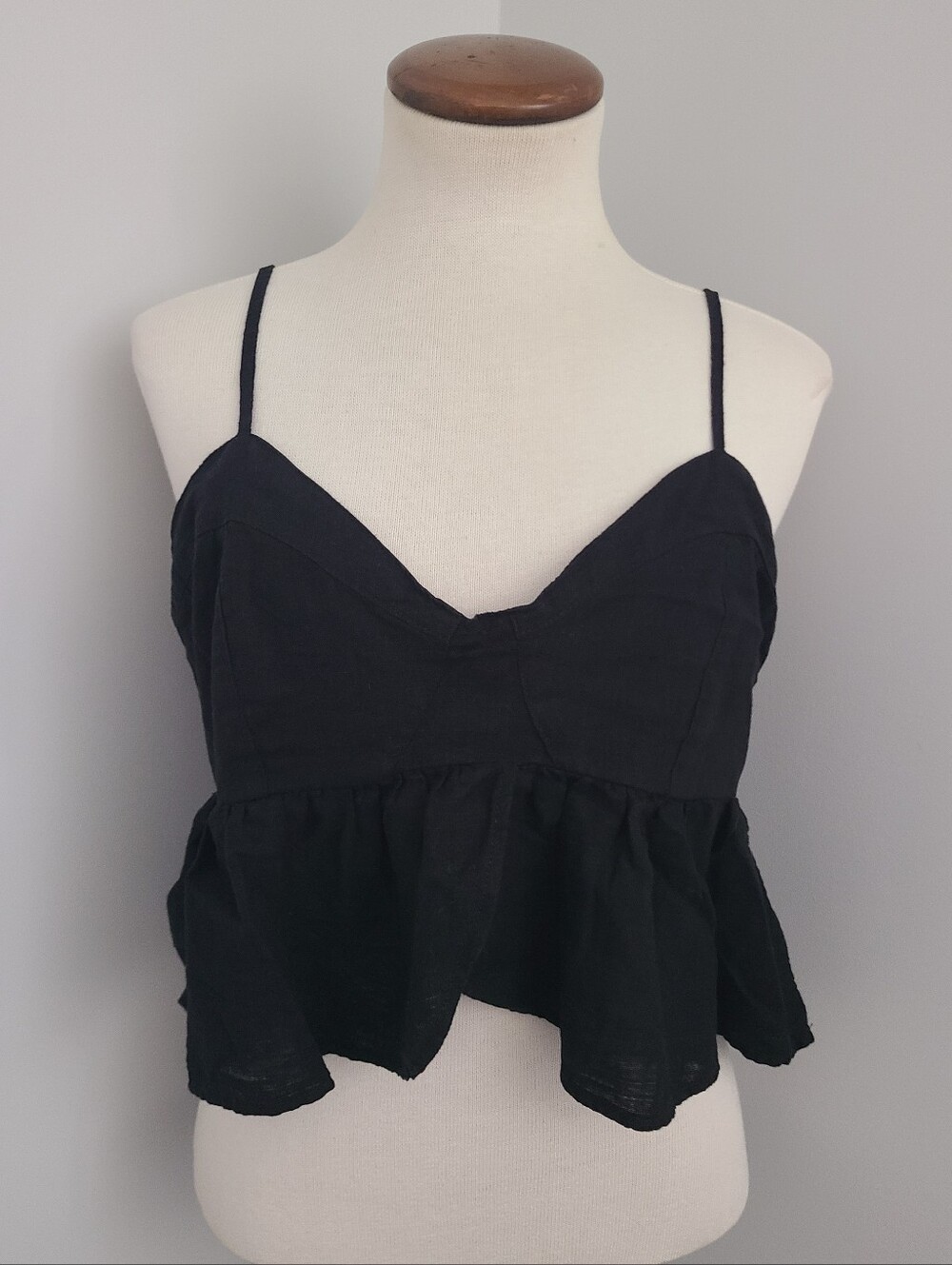American Eagle Babydoll Peplum Cami Top Size L Boho Festival Summer Black Linen